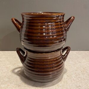 CRATE & BARREL Set of 2 Brunswick Stoneware Chili Soup Bowl Crock Brown Glazed